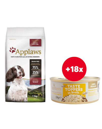 APPLAWS Small & Medium Chicken and Lamb karma dla psów małych i średnich ras z kurczakiem i jagnięciną 7.5 kg + Pierś z kurczaka w bulionie 18 x 156 g GRATIS