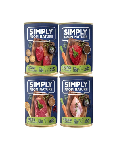 SIMPLY FROM NATURE mokra karma dla psów 4 x 400g mix smaków - konina z siemieniem lnianym, bażant z marchewką, kozina z ziemniakami, jeleń z kaszą gryczaną