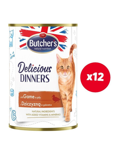 Butcher's Delicious Dinners,kawałki z dziczyzną w galaretce, 12x400g - mokra karma dla kota