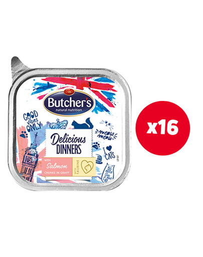 Butcher's Delicious Dinners, kawałki z łososiem w sosie 16x100 g- mokra karma dla kota