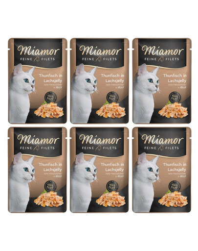 MIAMOR Feline Filets saszetka 6x100 g Mokra karma dla kotów Tuńczyk i łosoś w galaretce