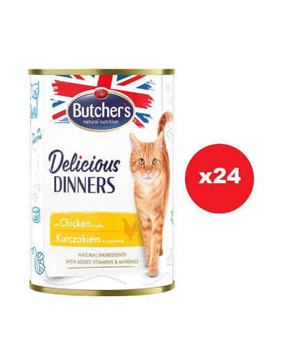 Butcher's Delicious Dinners,kawałki z kurczakiem w galaretce, 24x400g-mokra karma dla kota