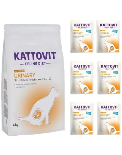 KATTOVIT Feline Diet Urinary 4 kg - Sucha karma dla kotów z kurczakiem + mokra karma 6x85 g