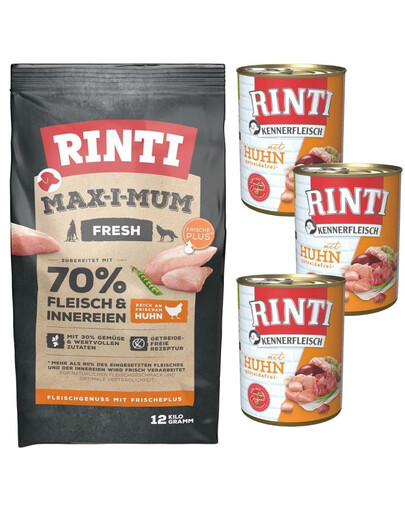 RINTI MAX-I-MUM Sucha karma z kurczakiem 12 kg + Kennerfleisch mokra karma kurczak 3x400 g