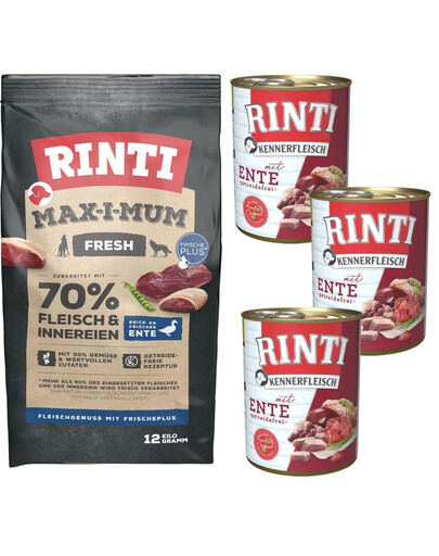 RINTI MAX-I-MUM Sucha karma z kaczką 12 kg + Kennerfleisch karma mokra kaczka 3x400 g