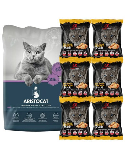 ARISTOCAT Bentonite Plus - żwirek dla kota, 25l + Przysmak kurczak kostka Kot 6x50g