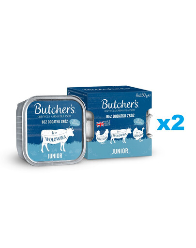 BUTCHER'S Original Junior Mix smaków zestaw 8x150 g pasztet z kurczakiem, z wołowiną i z indykiem dla szczeniąt