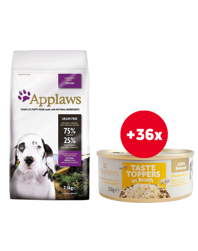 APPLAWS Large Breed Puppy Chicken bezzbożowa karma dla szczeniąt ras dużych z kurczakiem 7,5 kg + Pierś z kurczaka w bulionie 36 x 156 g GRATIS