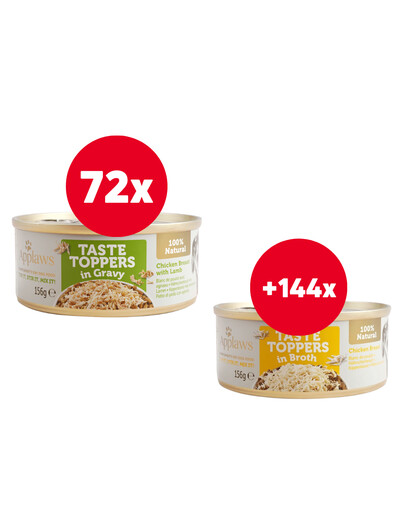 APPLAWS Taste Topper Pierś z kurczaka z jagnięciną w sosie 72 x 156 g + Pierś z kurczaka w bulionie 144 x 156 g GRATIS