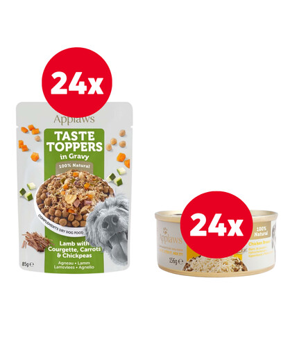 APPLAWS Taste Toppers Jagnięcina, marchewka, ciecierzyca w galaretce 24 x 85 g + Pierś z kurczaka w bulionie 24 x 156 g GRATIS