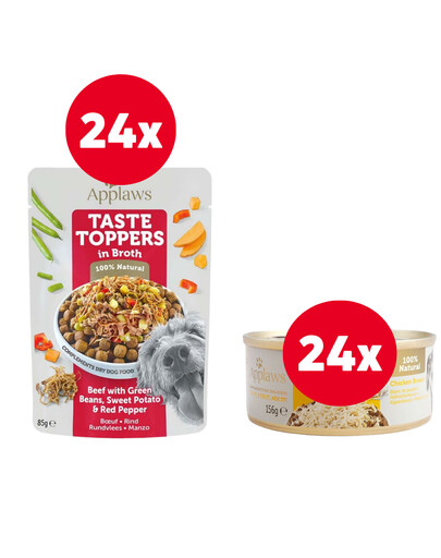 APPLAWS Taste Toppers Wołowina, zielona fasolka, pieprz w bulionie 24 x 85 g + Pierś z kurczaka w bulionie 24 x 156 g GRATIS